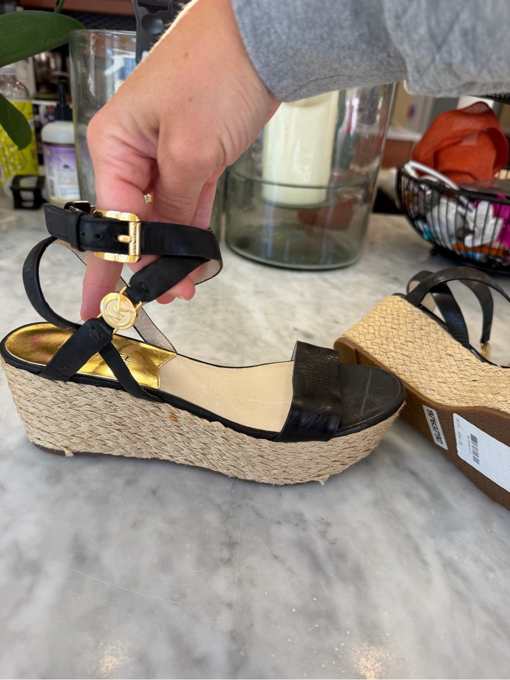 Michael Kors Black Leather Espadrille Wedge Sandals with Gold Charm